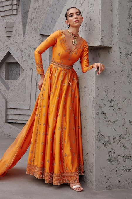 Shop_Jigar Mali_Orange Organza, Chanderi Floral, Aari V Neck Embroidered Anarkali Set _at_Aza_Fashions