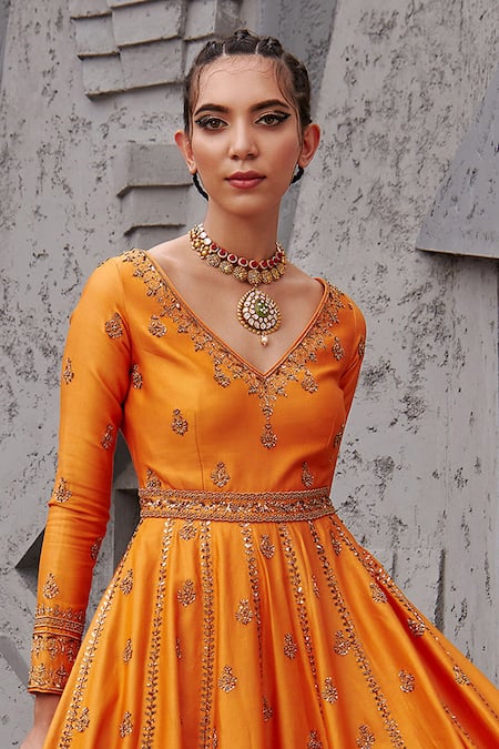 Jigar Mali_Orange Organza, Chanderi Floral, Aari V Neck Embroidered Anarkali Set _Online_at_Aza_Fashions