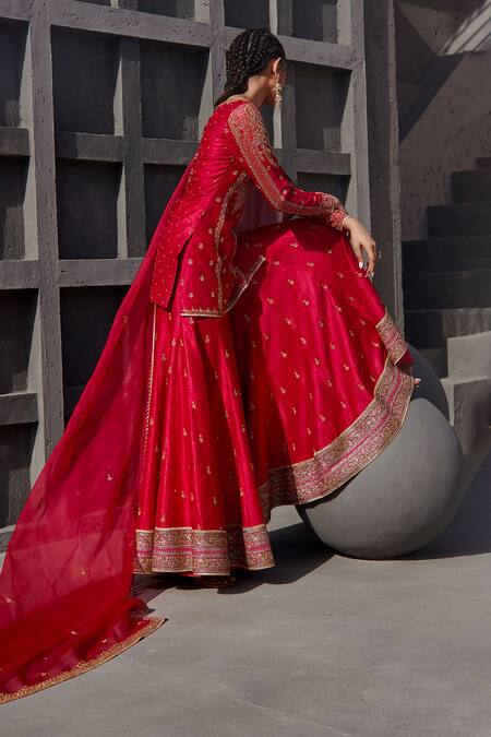 Buy_Jigar Mali_Pink Raw Silk, Organza Dori, Floral, Aari Keyhole Embroidered Kurta Sharara Set _Online_at_Aza_Fashions