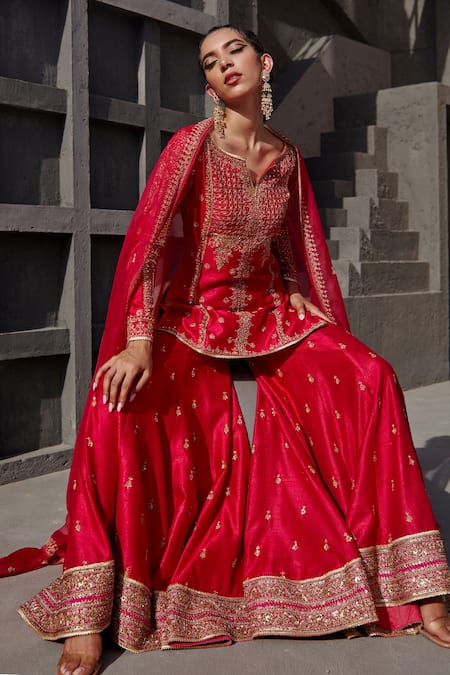 Shop_Jigar Mali_Pink Raw Silk, Organza Dori, Floral, Aari Keyhole Embroidered Kurta Sharara Set _Online_at_Aza_Fashions