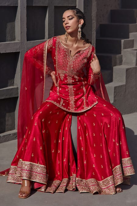 Jigar Mali_Pink Raw Silk, Organza Dori, Floral, Aari Keyhole Embroidered Kurta Sharara Set _at_Aza_Fashions