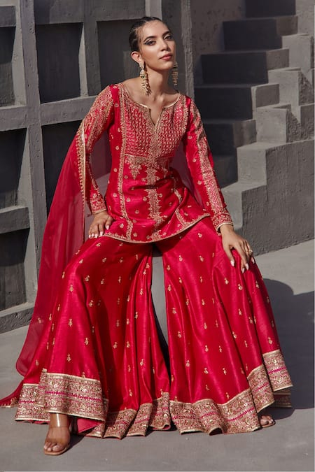 Buy_Jigar Mali_Pink Raw Silk, Organza Dori, Floral, Aari Keyhole Embroidered Kurta Sharara Set 