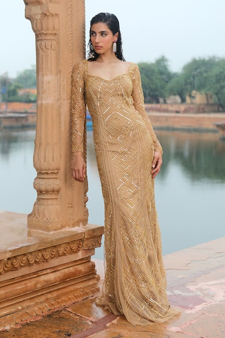 Buy Champagne Gold Angelic Gown In Net With Ruffle Sleeves And Mirror Work  - NOOR 2022 KALKI Fashion India