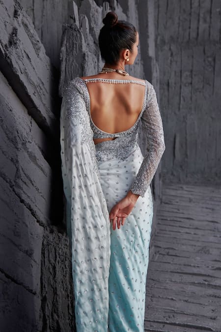 Shop_Jigar Mali_Blue Butterfly Net, Satin Georgette Floral, Ombre Saree With Embroidered Blouse _at_Aza_Fashions