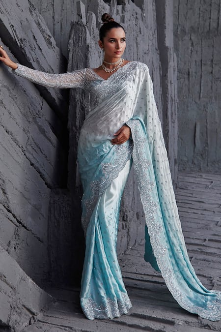 Jigar Mali_Blue Butterfly Net, Satin Georgette Floral, Ombre Saree With Embroidered Blouse _Online_at_Aza_Fashions