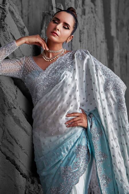 Buy_Jigar Mali_Blue Butterfly Net, Satin Georgette Floral, Ombre Saree With Embroidered Blouse _Online_at_Aza_Fashions