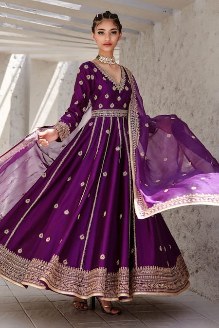 Buy Purple Chanderi Embroidery Dori Deep V Neck Anarkali Set For Women ...