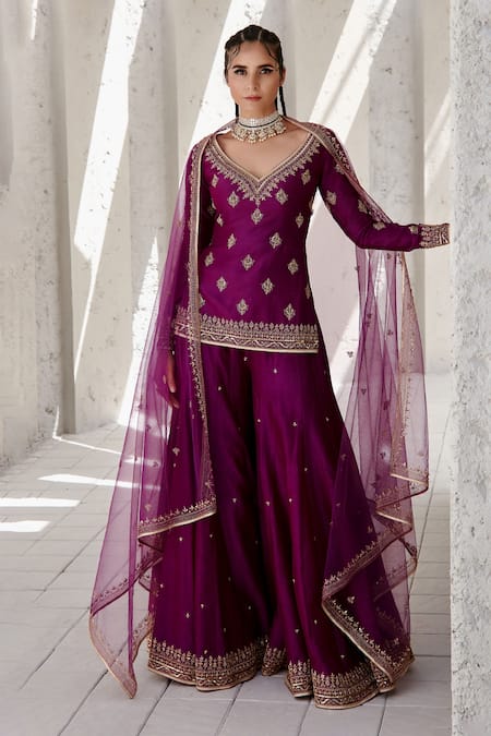 Jigar Mali Purple Chanderi Embroidery Dori Sweetheart Neck Kurta Sharara Set 