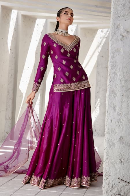 Jigar Mali_Purple Organza, Chanderi Dori, Floral, Aari Sweetheart Neck Kurta Sharara Set_Online_at_Aza_Fashions