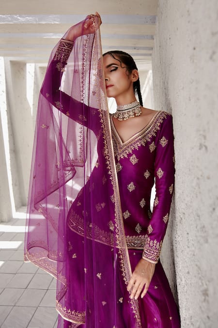 Buy_Jigar Mali_Purple Organza, Chanderi Dori, Floral, Aari Sweetheart Neck Kurta Sharara Set_Online_at_Aza_Fashions