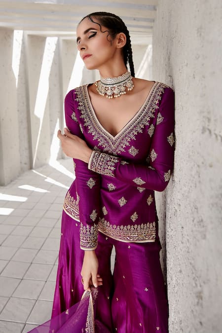 Shop_Jigar Mali_Purple Organza, Chanderi Dori, Floral, Aari Sweetheart Neck Kurta Sharara Set_Online_at_Aza_Fashions