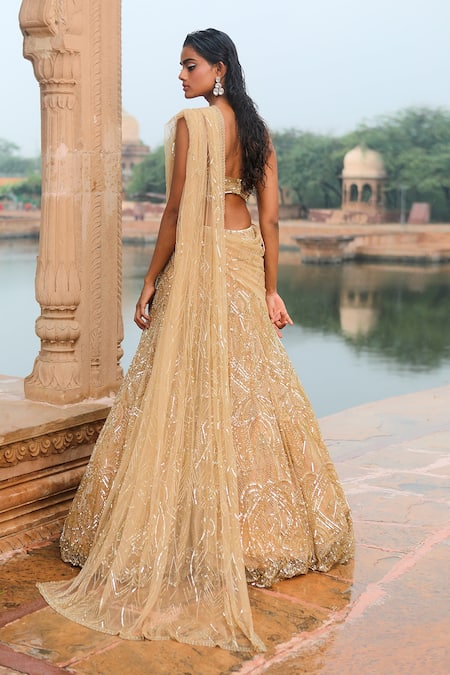 Shop Jigar Mali Gold Butterfly Net, Lining Satin Sequin Embellished Lehenga And Draped Blouse Set at Aza Fashions Shop_Jigar Mali_Gold Butterfly Net, Lining Satin Sequin Embellished Lehenga And Draped Blouse Set _at_Aza_Fashions