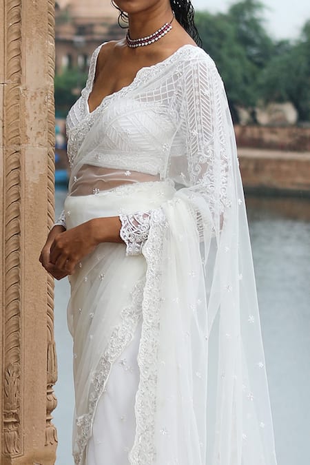 Jigar Mali_White Blouse Soft , Lining Satin, Saree Butterfly Embellished With _Online_at_Aza_Fashions