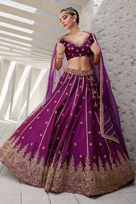 Jigar Mali_Purple Organza, Chiniya Silk Dori, Floral, Aari V Embroidered Bridal Lehenga Set _Online_at_Aza_Fashions