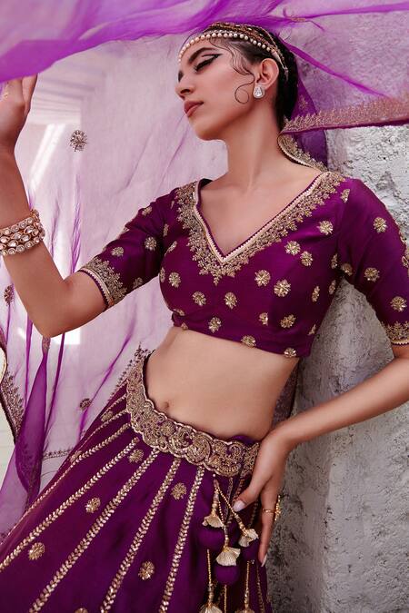 Buy_Jigar Mali_Purple Organza, Chiniya Silk Dori, Floral, Aari V Embroidered Bridal Lehenga Set _Online_at_Aza_Fashions