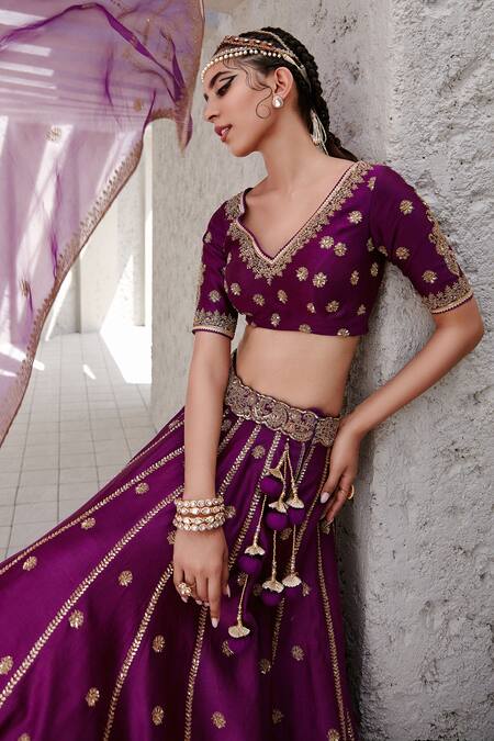Shop_Jigar Mali_Purple Organza, Chiniya Silk Dori, Floral, Aari V Embroidered Bridal Lehenga Set _Online_at_Aza_Fashions