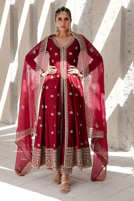 Jigar Mali Red Chanderi Embroidery Aari V Neck Anarkali Set 