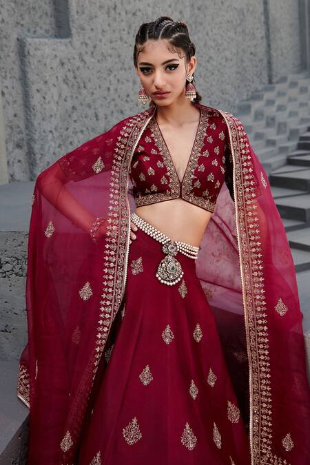 Jigar Mali_Red Organza, Chanderi Dori, Floral, Sequin V Neck Lehenga Set _Online_at_Aza_Fashions