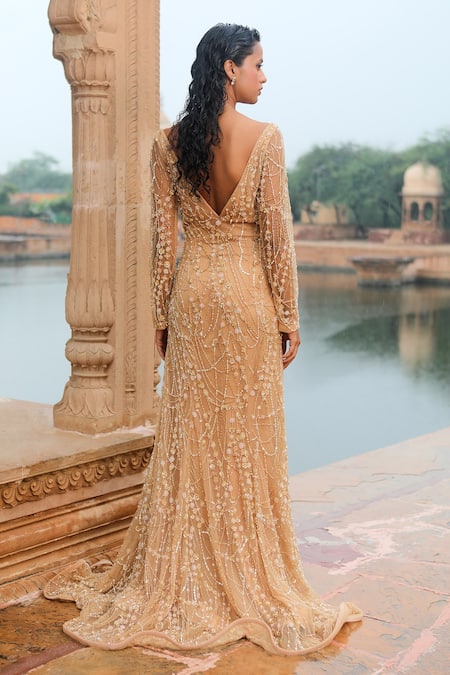 Shop Jigar Mali Beige Butterfly Net, Lining Satin Bead, Sequin And Embellished Mermaid Gown at Aza Fashions Shop_Jigar Mali_Beige Butterfly Net, Lining Satin Bead, Sequin And Embellished Mermaid Gown _at_Aza_Fashions
