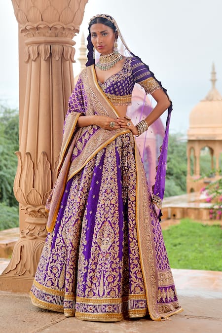 Buy Purple and Gold Jacquard silk wedding lehenga in UK, USA and Canada