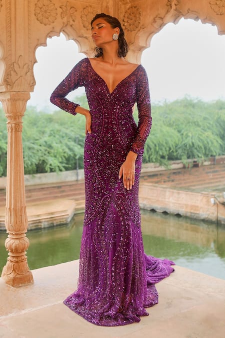 Jigar Mali Purple Butterfly Net, Lining Shantoon Bead, Sequin And Embellished Trail Gown