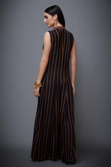 Shop RI.Ritu Kumar Black Georgette, Viscose Band Collar Striped Flared Jumpsuit at Aza Fashions Shop_RI.Ritu Kumar_Black Georgette, Viscose Band Collar Striped Flared Jumpsuit _at_Aza_Fashions