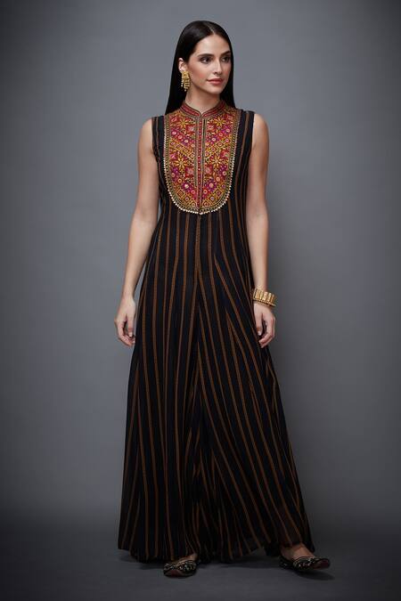 Buy RI.Ritu Kumar Black Georgette, Viscose Band Collar Striped Flared Jumpsuit Online at Aza Fashions Buy_RI.Ritu Kumar_Black Georgette, Viscose Band Collar Striped Flared Jumpsuit _Online_at_Aza_Fashions