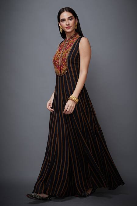 Shop RI.Ritu Kumar Black Georgette, Viscose Band Collar Striped Flared Jumpsuit Online at Aza Fashions Shop_RI.Ritu Kumar_Black Georgette, Viscose Band Collar Striped Flared Jumpsuit _Online_at_Aza_Fashions