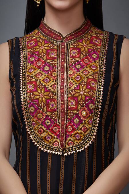 RI.Ritu Kumar Black Georgette, Viscose Band Collar Striped Flared Jumpsuit at Aza Fashions RI.Ritu Kumar_Black Georgette, Viscose Band Collar Striped Flared Jumpsuit _at_Aza_Fashions