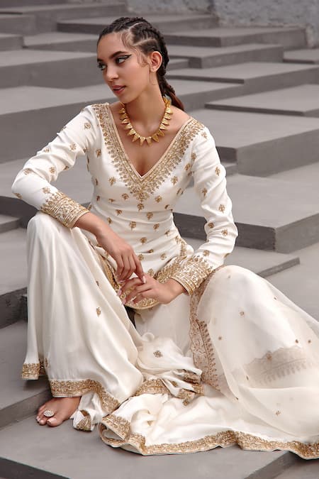 Buy_Jigar Mali_White Dupion Silk Embroidery Aari Deep V Neck Kurta Sharara Set _Online_at_Aza_Fashions