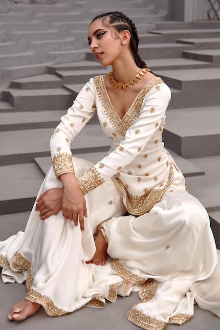Shop_Jigar Mali_White Dupion Silk Embroidery Aari Deep V Neck Kurta Sharara Set _Online_at_Aza_Fashions