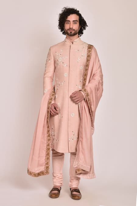 Jatin Malik Pink Slub Silk Embroidered Sherwani Set 