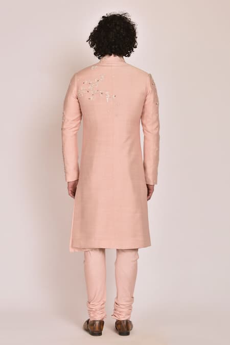 Shop_Jatin Malik_Pink Slub Silk Embroidered Sherwani Set _at_Aza_Fashions