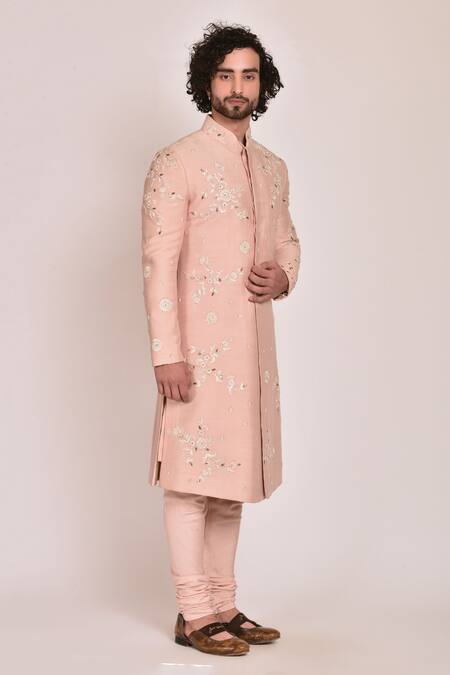 Jatin Malik_Pink Slub Silk Embroidered Sherwani Set _Online_at_Aza_Fashions