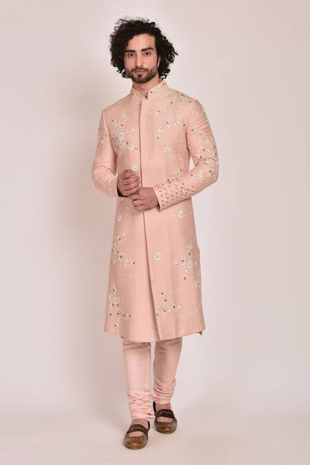 Buy_Jatin Malik_Pink Slub Silk Embroidered Sherwani Set _Online_at_Aza_Fashions