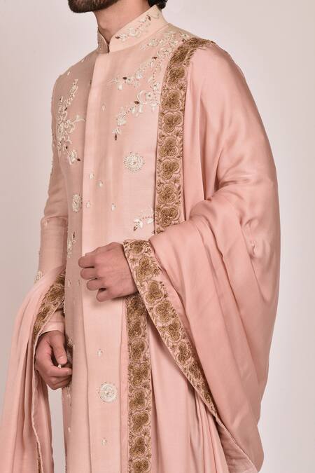 Jatin Malik_Pink Slub Silk Embroidered Sherwani Set _at_Aza_Fashions