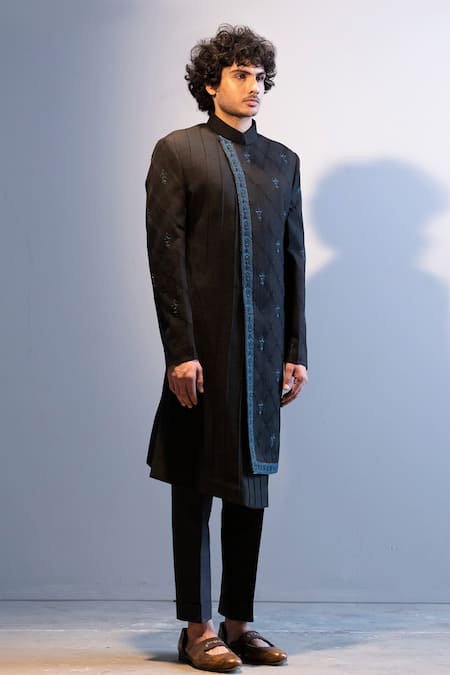 Shop Jatin Malik Black Cotton , Slub Embroidered Sherwani Set at Aza Fashions Shop_Jatin Malik_Black Cotton , Slub Embroidered Sherwani Set _at_Aza_Fashions