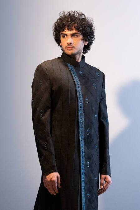 Jatin Malik Black Cotton , Slub Embroidered Sherwani Set Online at Aza Fashions Jatin Malik_Black Cotton , Slub Embroidered Sherwani Set _Online_at_Aza_Fashions