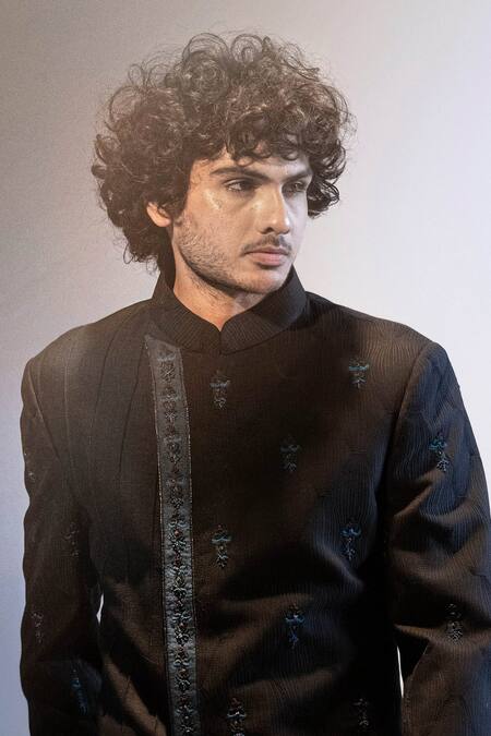 Buy Jatin Malik Black Cotton , Slub Embroidered Sherwani Set Online at Aza Fashions Buy_Jatin Malik_Black Cotton , Slub Embroidered Sherwani Set _Online_at_Aza_Fashions