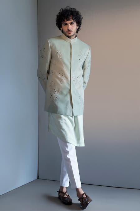 Jatin Malik Blue Slub Silk Embroidered Bandhgala Set