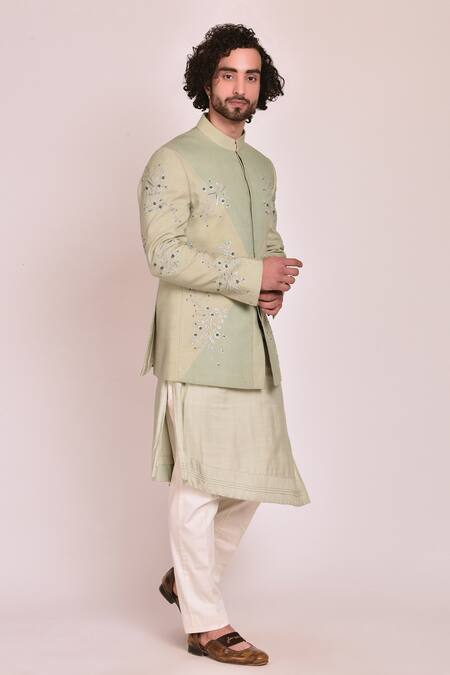 Jatin Malik Blue Slub Silk Embroidered Bandhgala Set Online at Aza Fashions Jatin Malik_Blue Slub Silk Embroidered Bandhgala Set _Online_at_Aza_Fashions