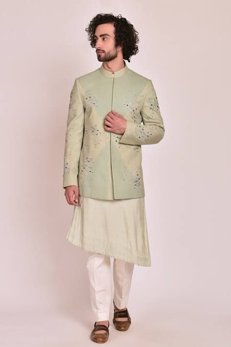 Buy_Jatin Malik_Blue Slub Silk Embroidered Bandhgala Set _Online_at_Aza_Fashions