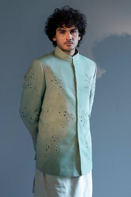 Shop Jatin Malik Blue Slub Silk Embroidered Bandhgala Set Online at Aza Fashions Shop_Jatin Malik_Blue Slub Silk Embroidered Bandhgala Set _Online_at_Aza_Fashions