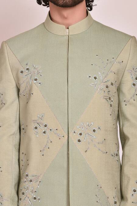 Jatin Malik_Blue Slub Silk Embroidered Bandhgala Set _at_Aza_Fashions