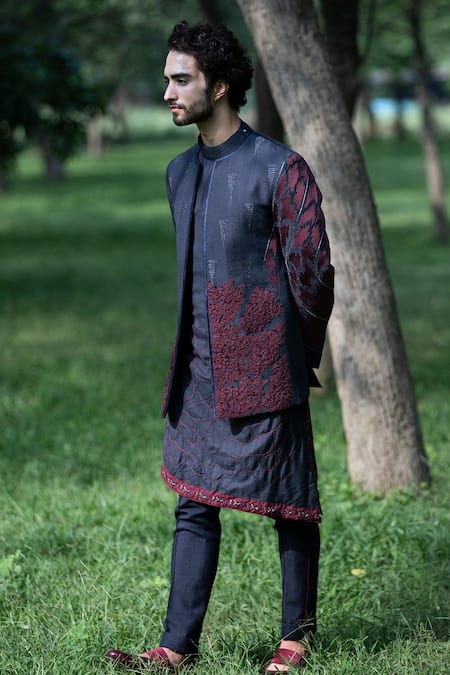 Jatin Malik Blue Cotton , Slub Embroidered Jacket And Kurta Set 