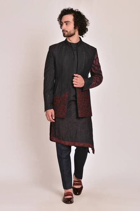 Jatin Malik_Blue Cotton , Slub Embroidered Jacket And Kurta Set _Online_at_Aza_Fashions