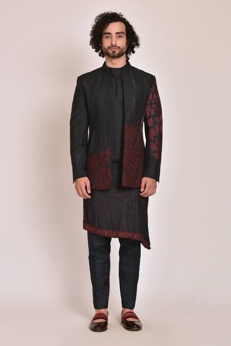 Buy_Jatin Malik_Blue Cotton , Slub Embroidered Jacket And Kurta Set _Online_at_Aza_Fashions