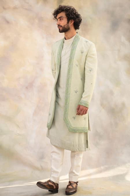 Jatin Malik Blue Cotton , Slub Embroidered Jacket And Kurta Set 