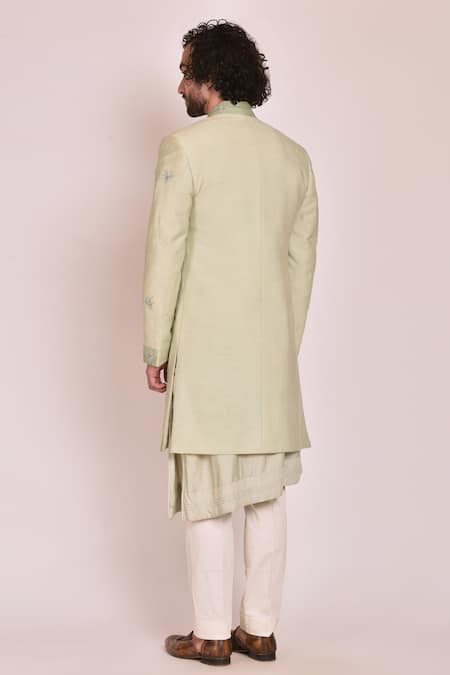 Shop_Jatin Malik_Blue Cotton , Slub Embroidered Jacket And Kurta Set _at_Aza_Fashions