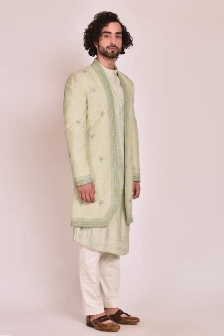Jatin Malik_Blue Cotton , Slub Embroidered Jacket And Kurta Set _Online_at_Aza_Fashions